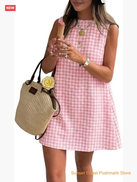 Dresses & Skirts - Sleeveless Gingham Mini Sundress with Pockets High Neck A-Line